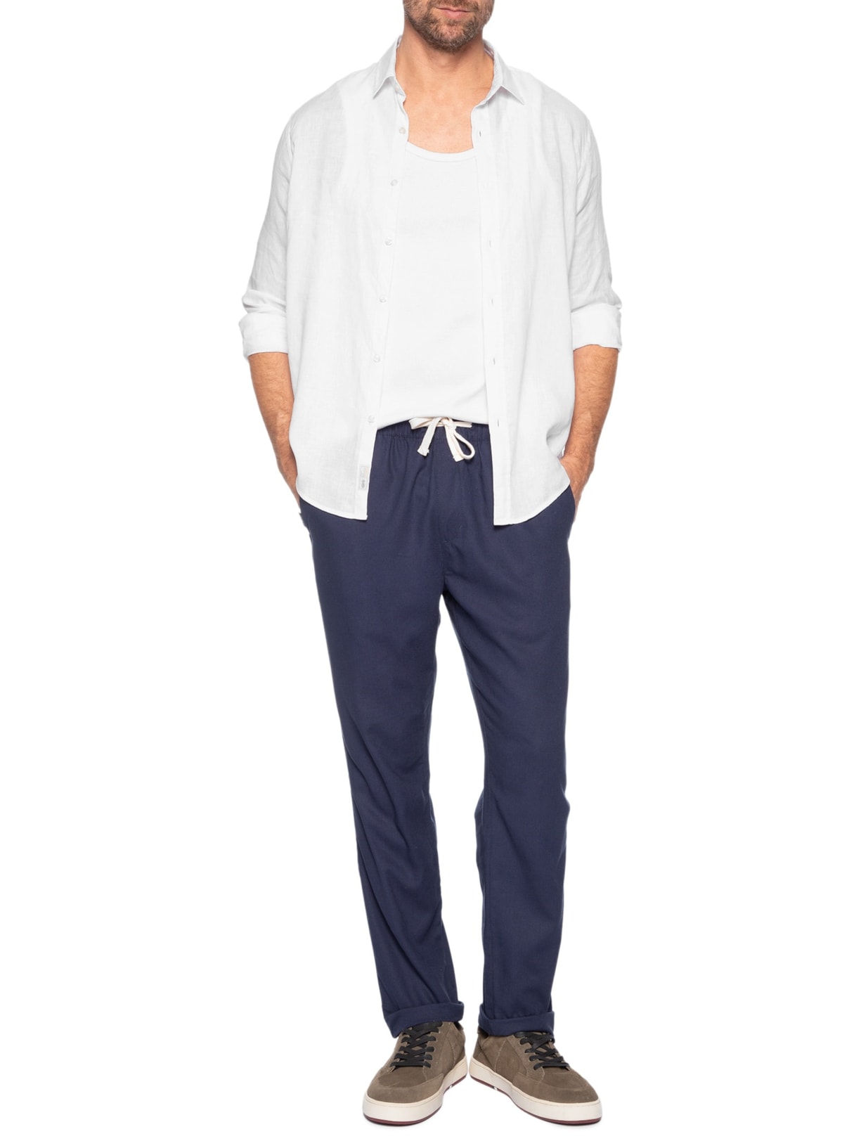 Camisa Masculina Básica Puro Linho Branco Pineapple