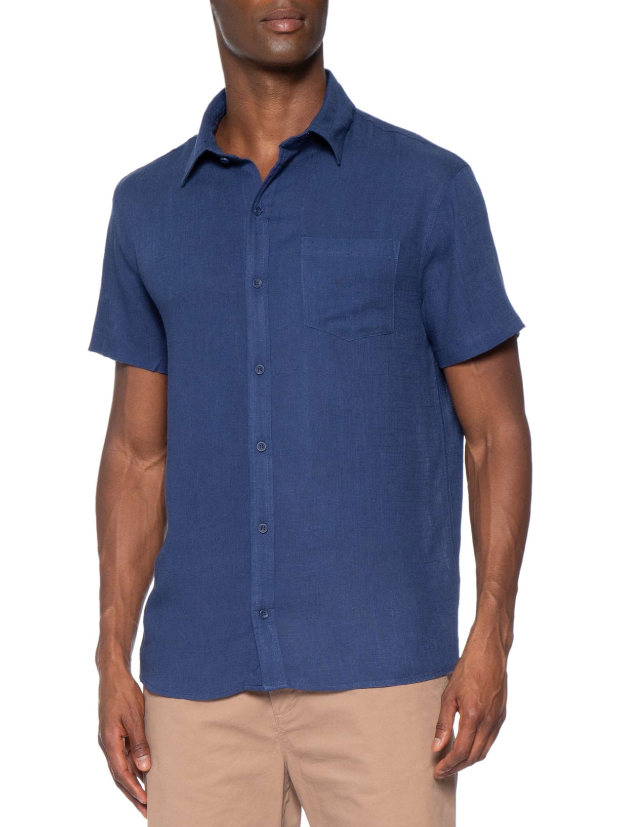 Camisa Masculina Blend Linho Manga Curta Azul Basiq Men