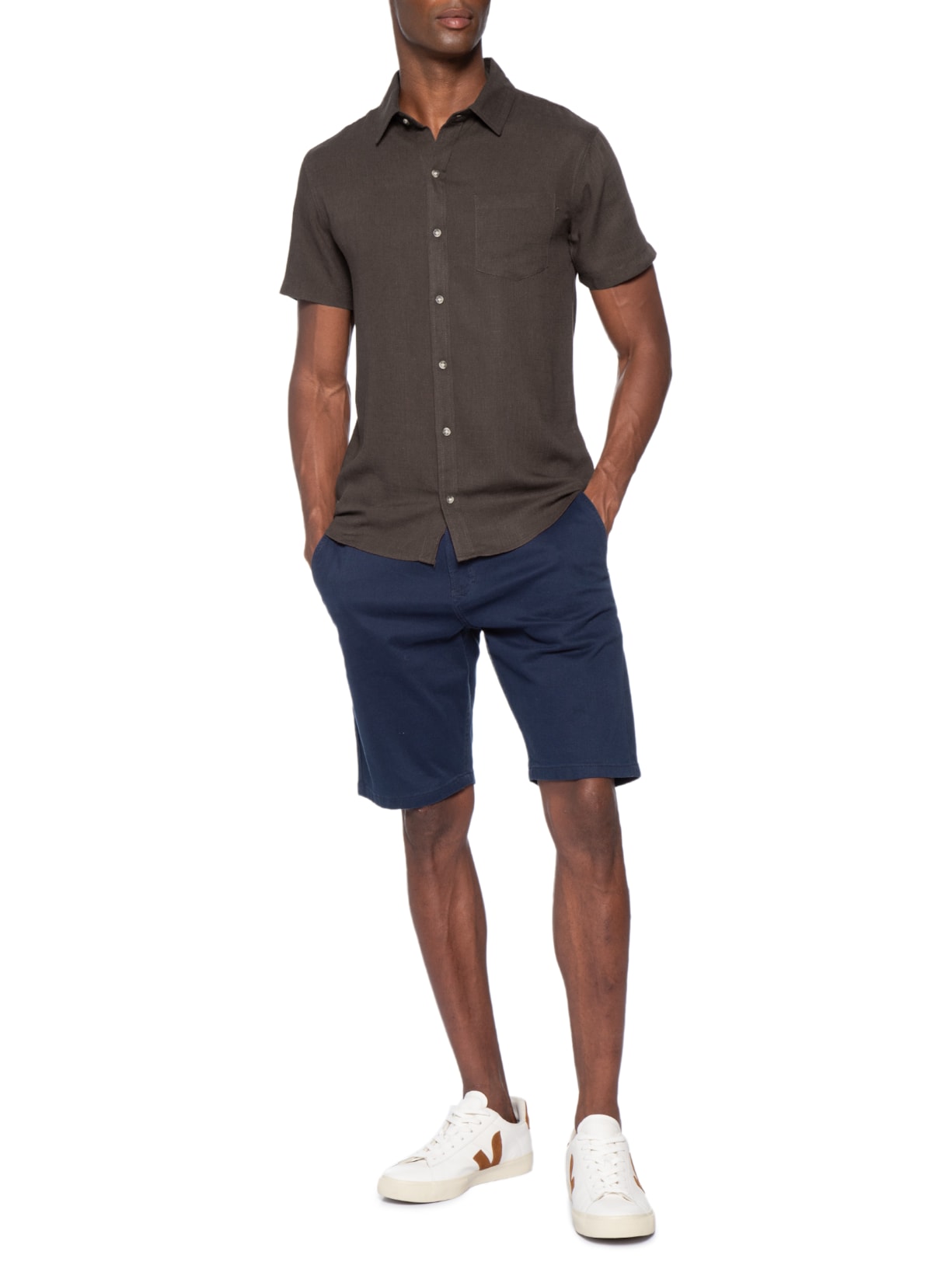 Camisa Masculina Blend Linho Manga Curta Marrom Basiq Men
