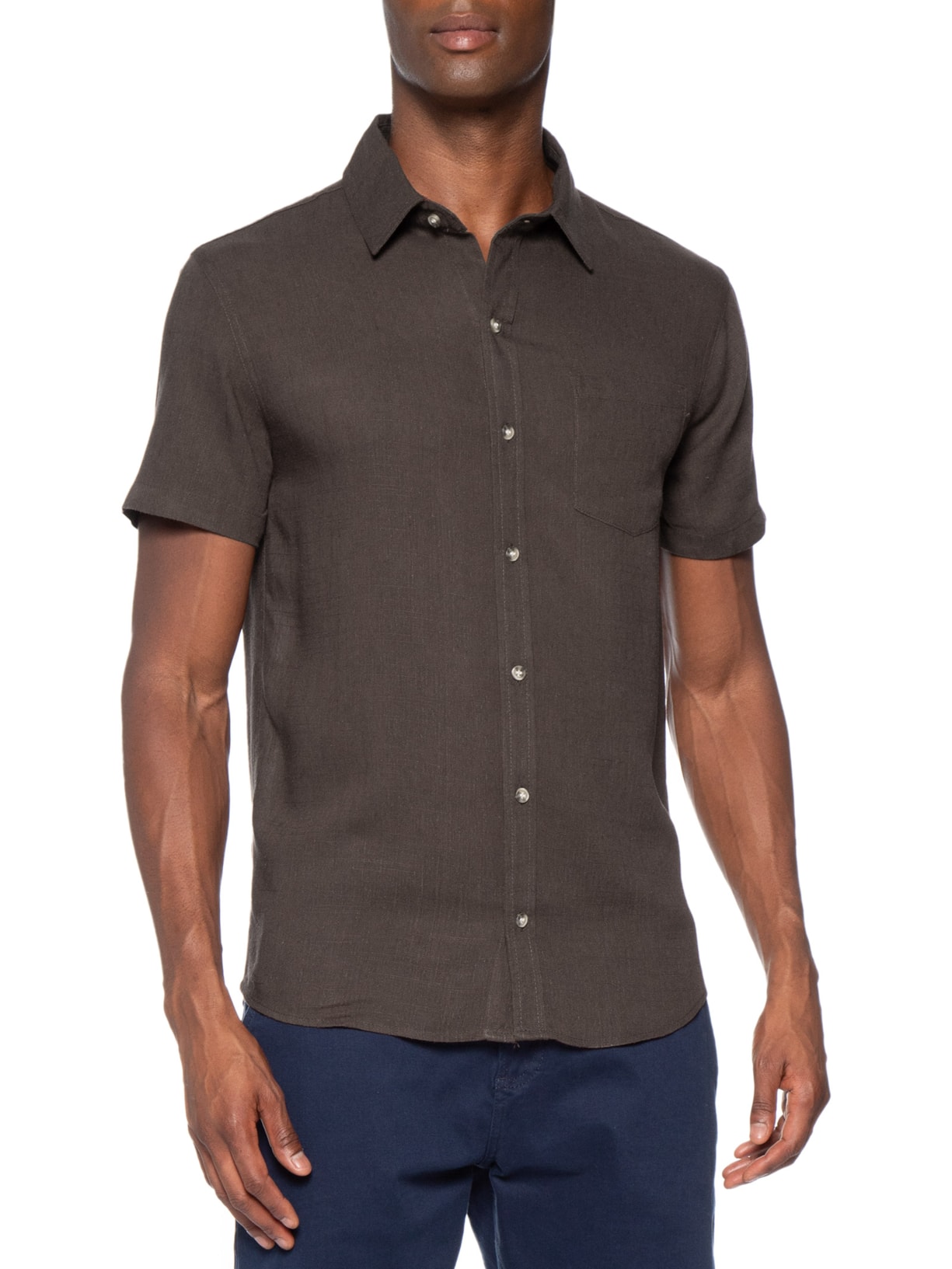 Camisa Masculina Blend Linho Manga Curta Marrom Basiq Men