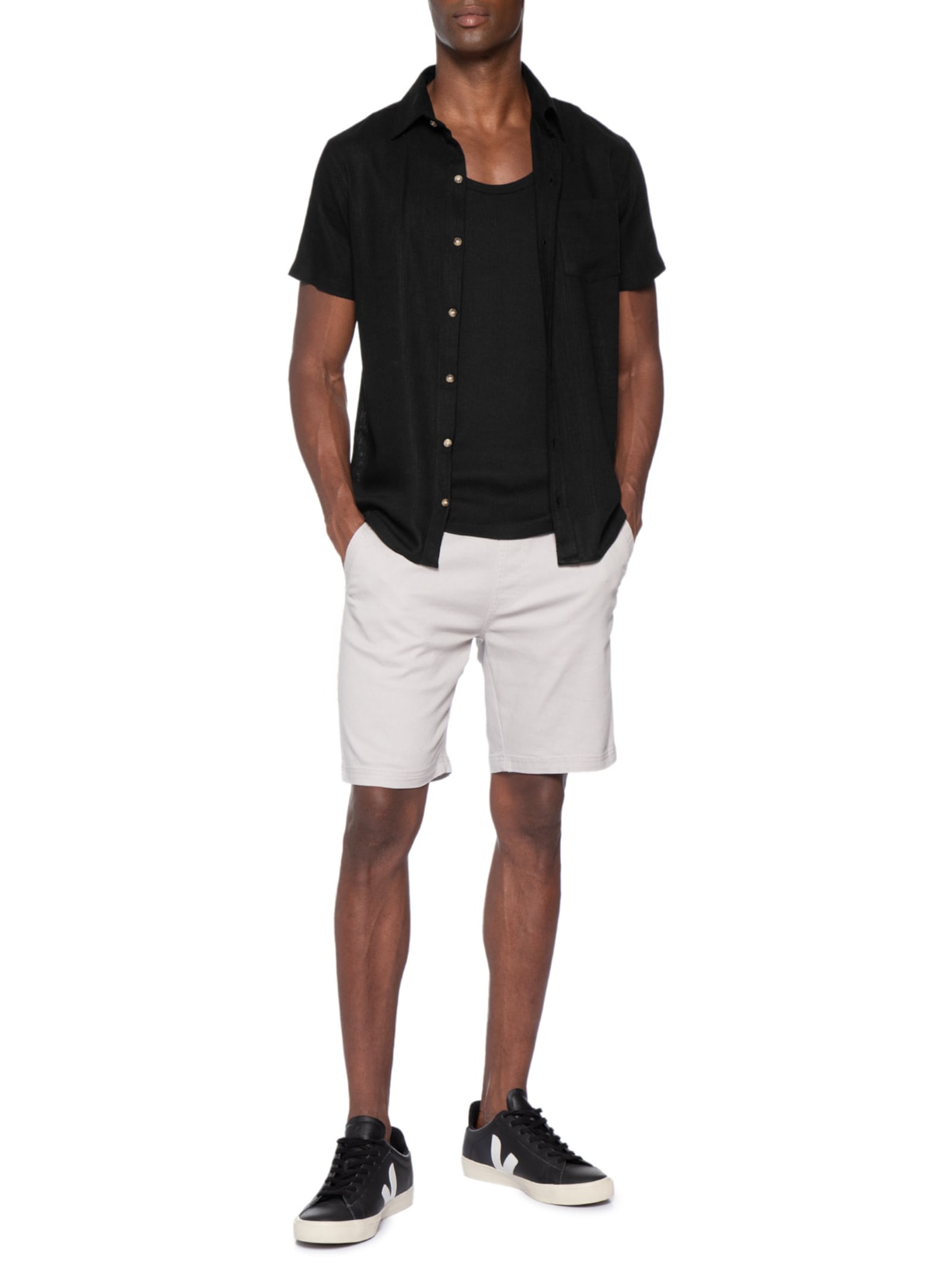 Camisa Masculina Blend Linho Manga Curta Preto Basiq Men