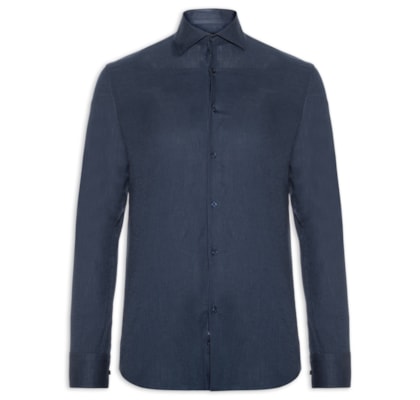 Camisa Masculina Blend Linho Manga Longa Slim Fit - Azul