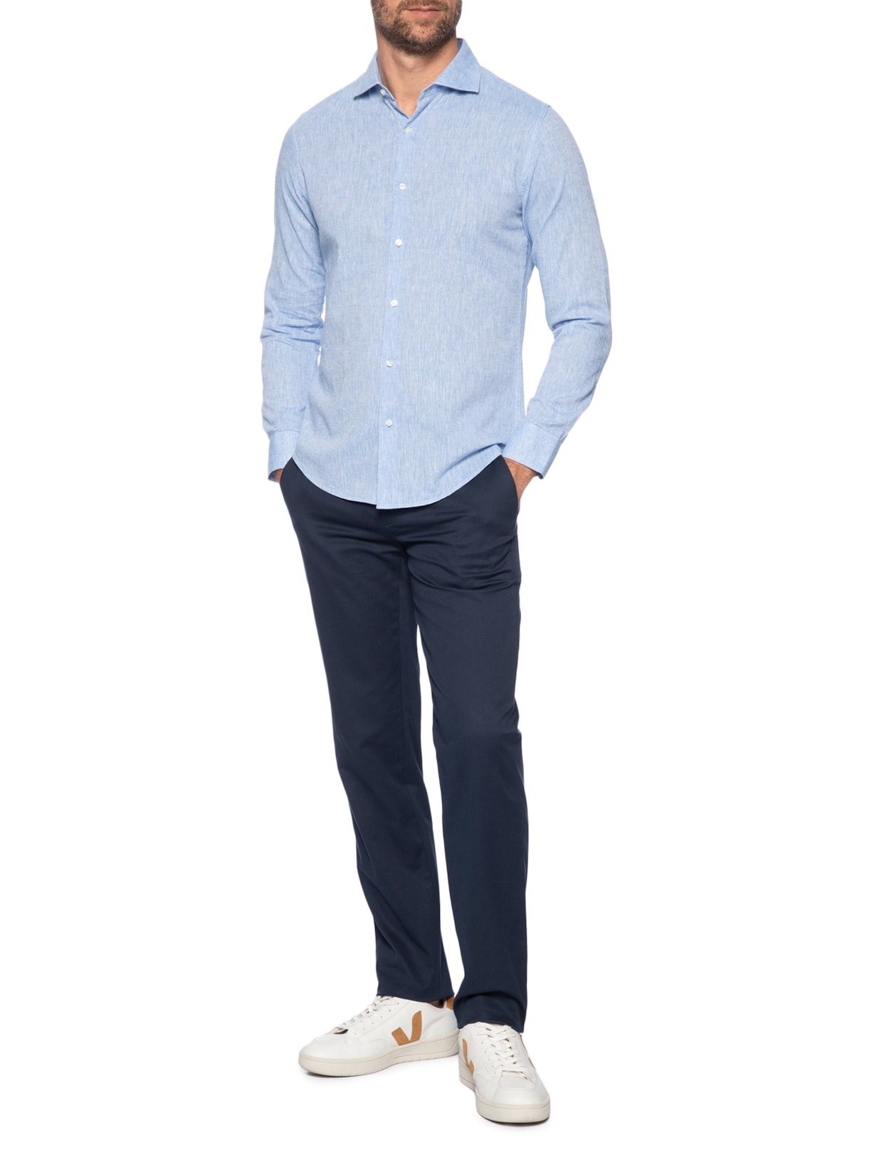 Camisa Masculina Blend Linho Slim Fit Azul  '2 Essential