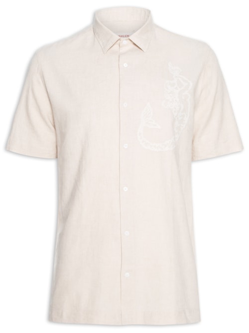 Camisa Masculina Bordado Sereia Manga Curta - Bege