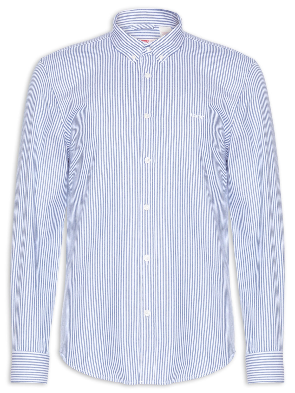 Camisa Masculina Button Down Regular Fit Listrada em Algodão - Azul