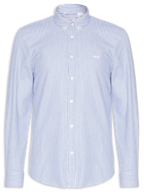 Camisa Masculina Button Down Regular Fit Listrada em Algodão - Azul