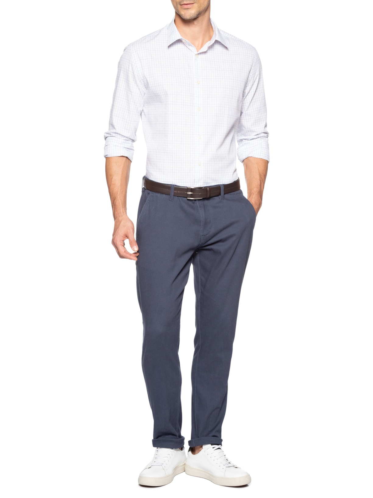 Camisa Masculina Casual Em Tricoline Mini Quadros Azul Zapalla