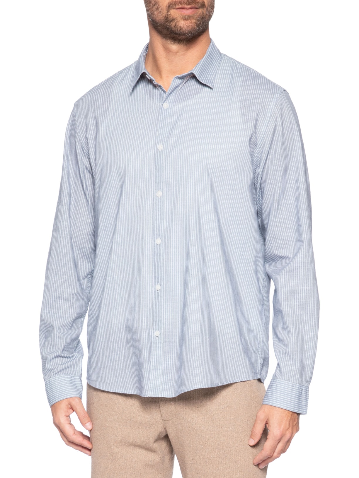 Camisa Masculina Casual Fio Tinto Mini Listra New Azul Foxton