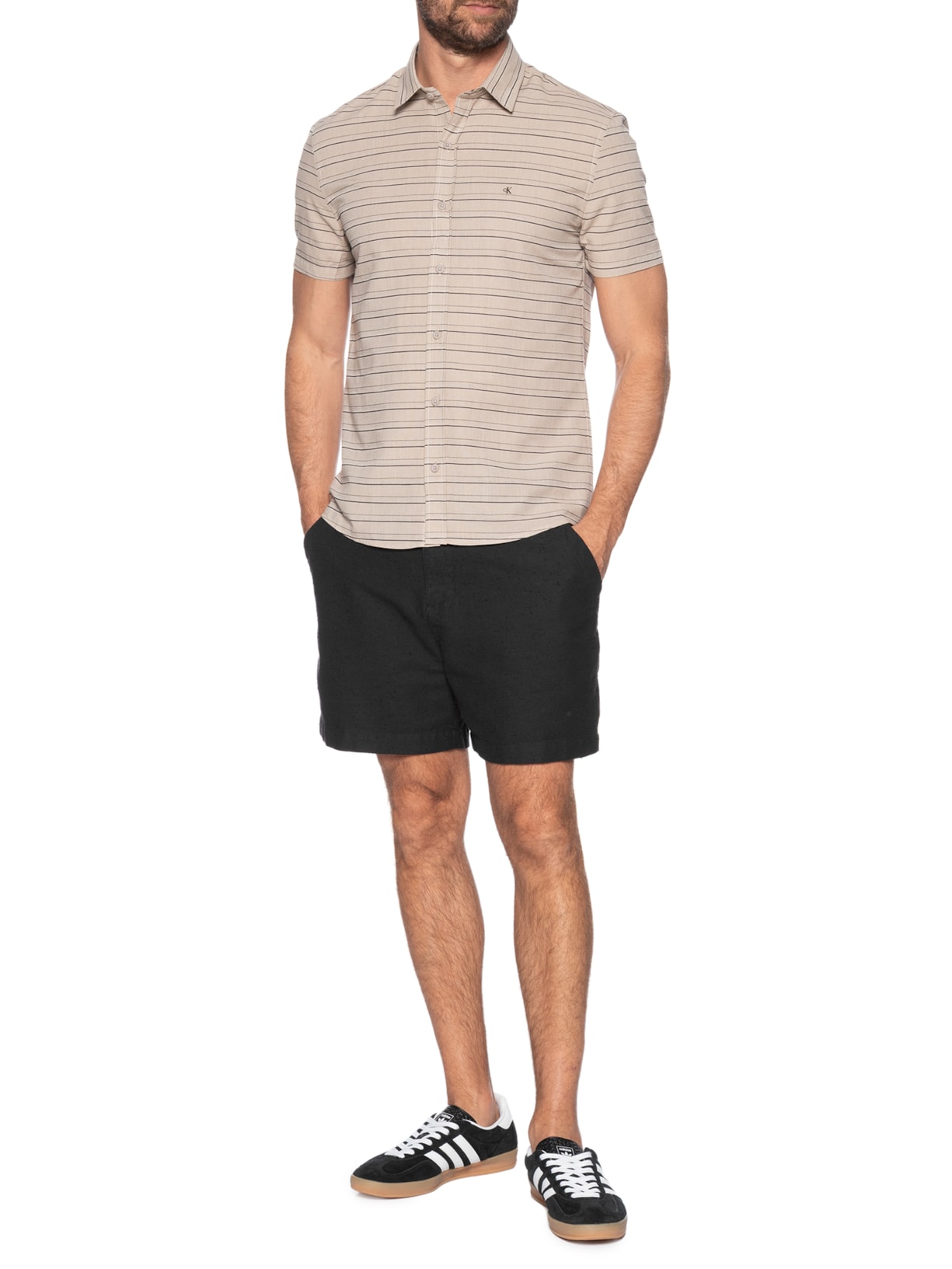 Camisa Masculina Casual Listrada Com Textuiras Bege Calvin Klein Jeans