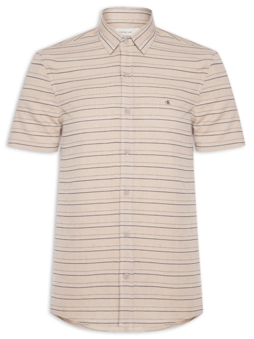Camisa Masculina Casual Listrada Com Textuiras - Bege