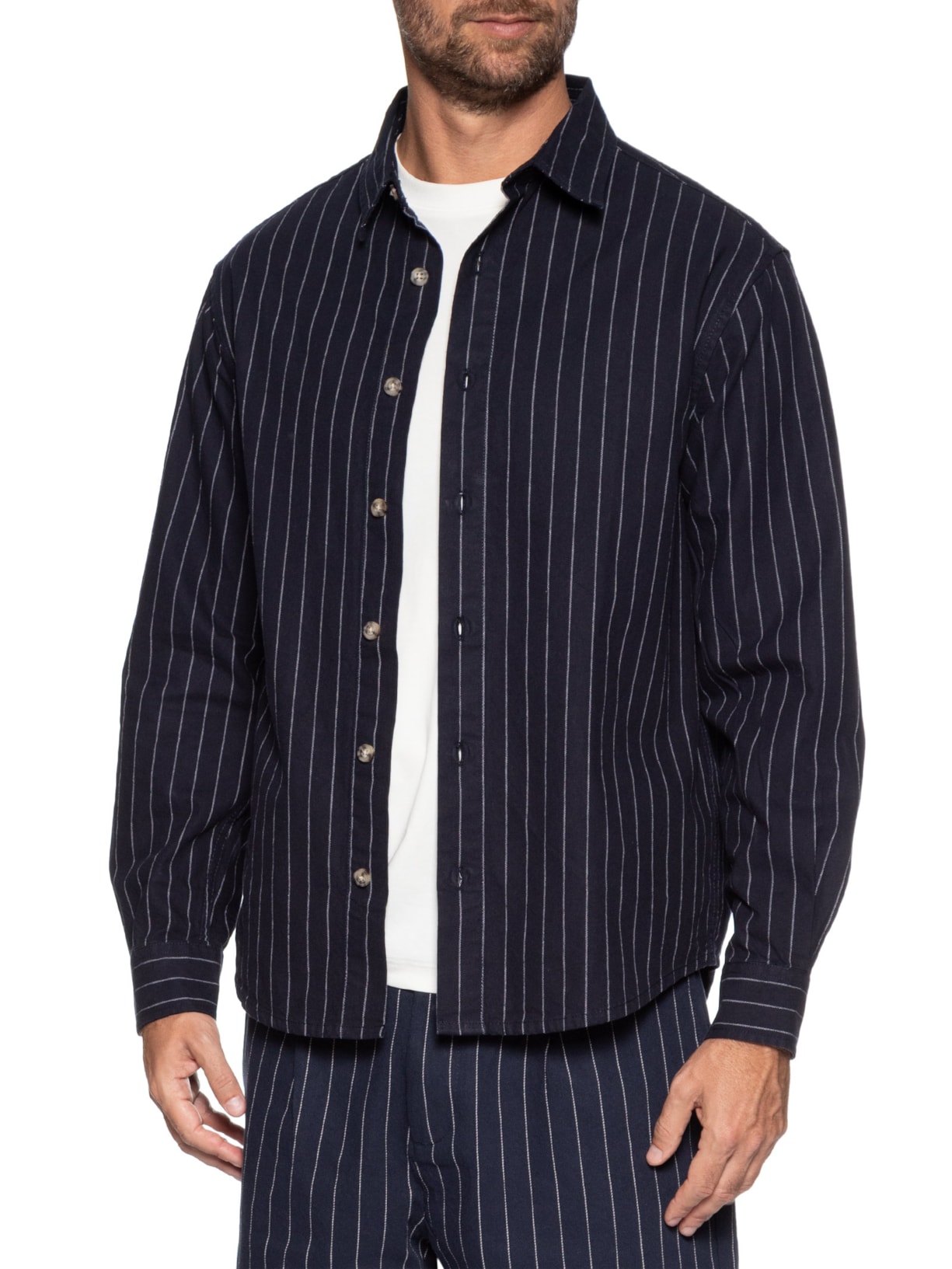 Camisa Masculina Casual Listrada Fio Índigo Confort Fit Azul Hering