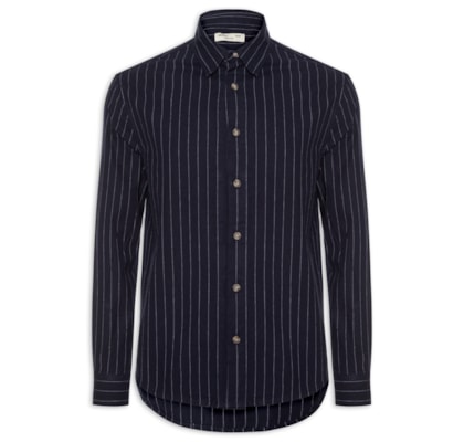 Camisa Masculina Casual Listrada Fio Índigo Confort Fit - Azul