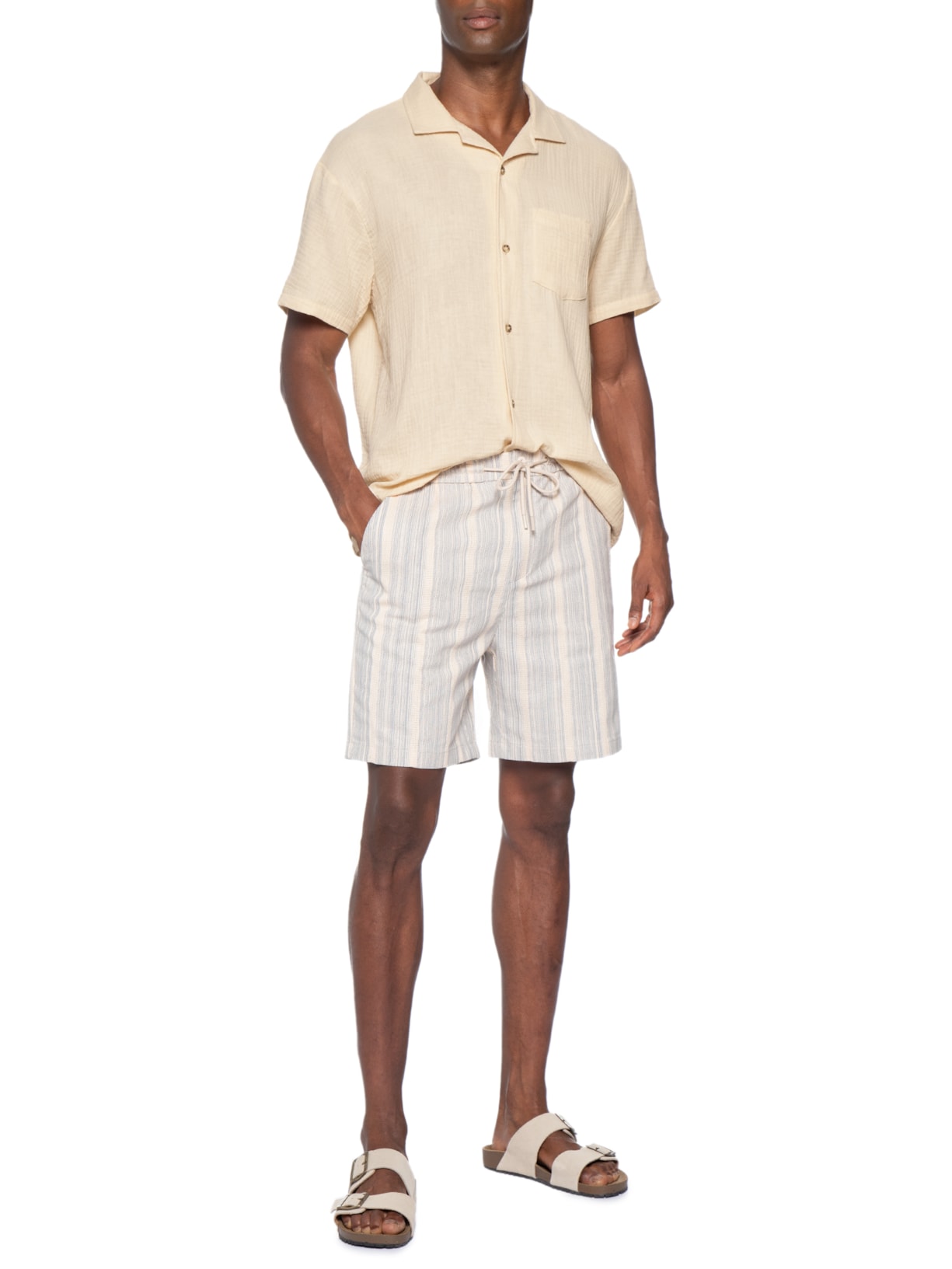 Camisa Masculina Casual Manga Curta Bege Basiq Men