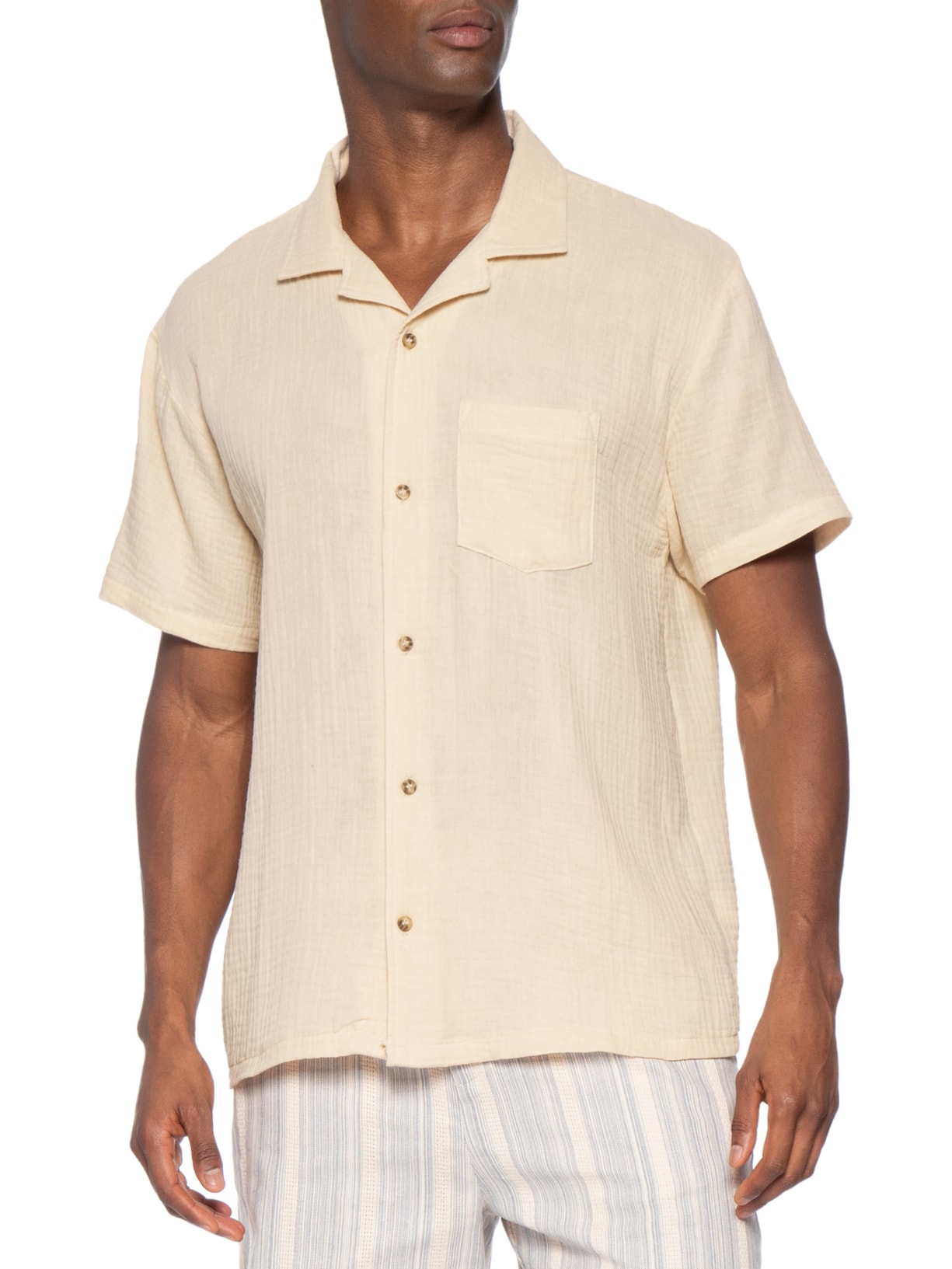 Camisa Masculina Casual Manga Curta Bege Basiq Men