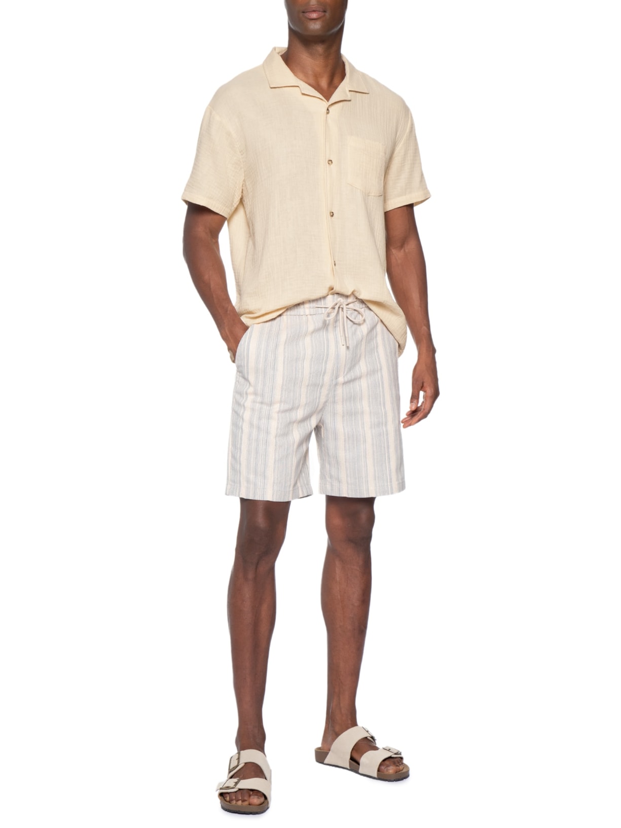 Camisa Masculina Casual Manga Curta Bege Basiq Men