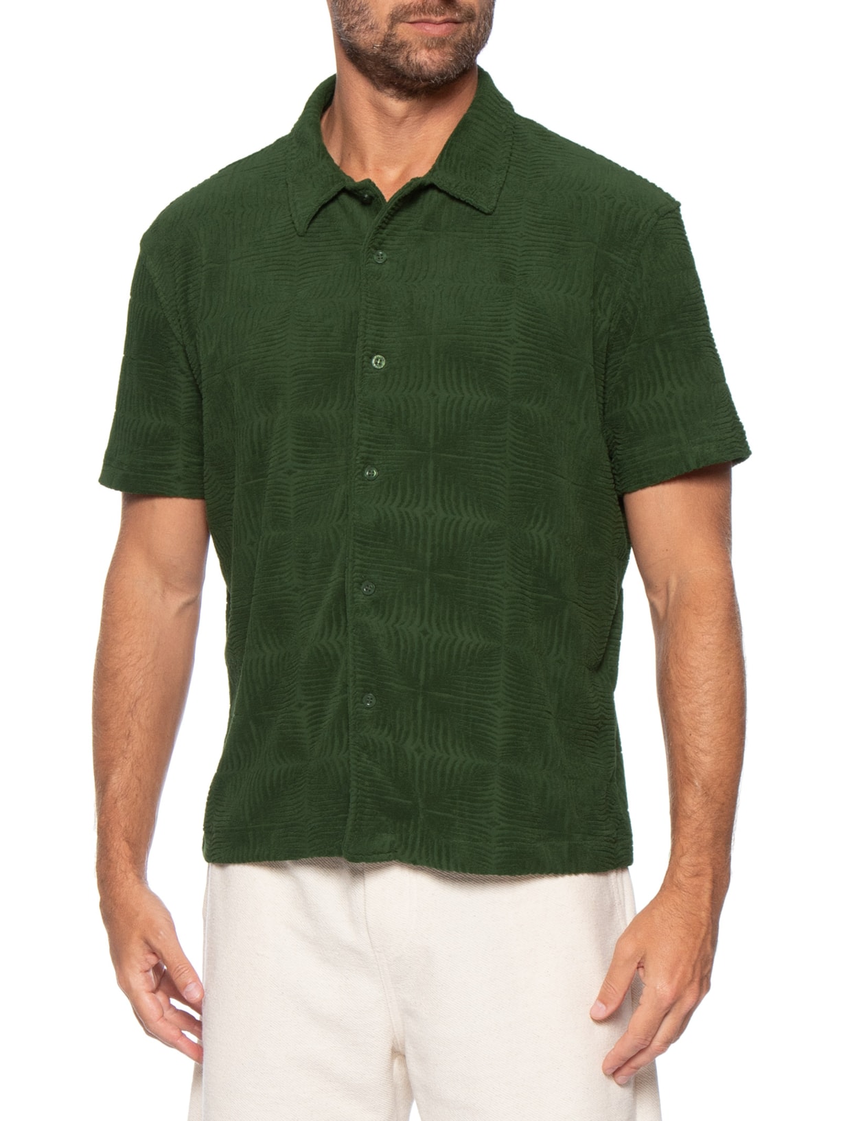 Camisa Masculina Casual Manga Curta Jacquard Atoalhado Palm Verde Osklen