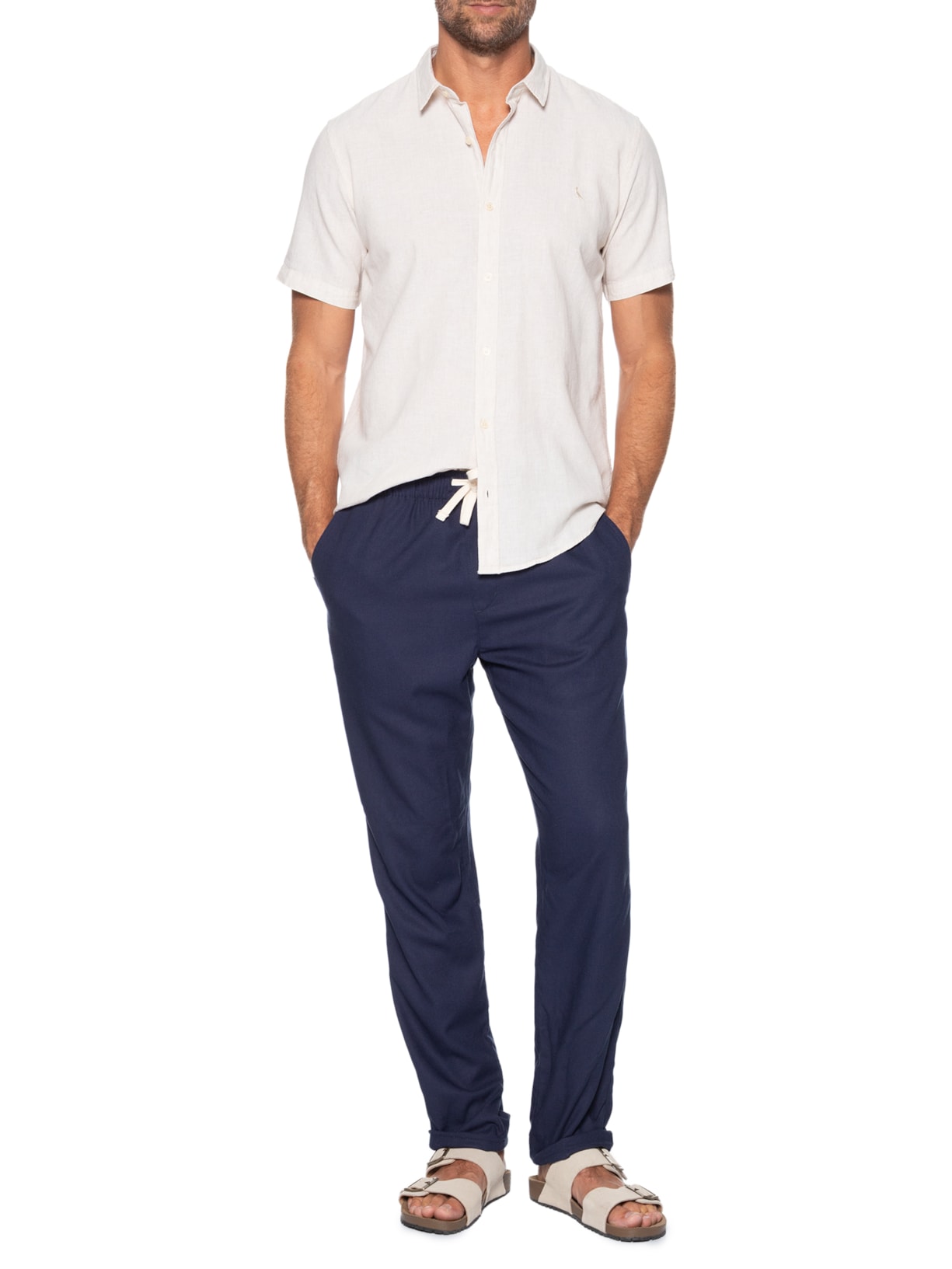 Camisa Masculina Casual Manga Curta Linho Pienza Bege Reserva