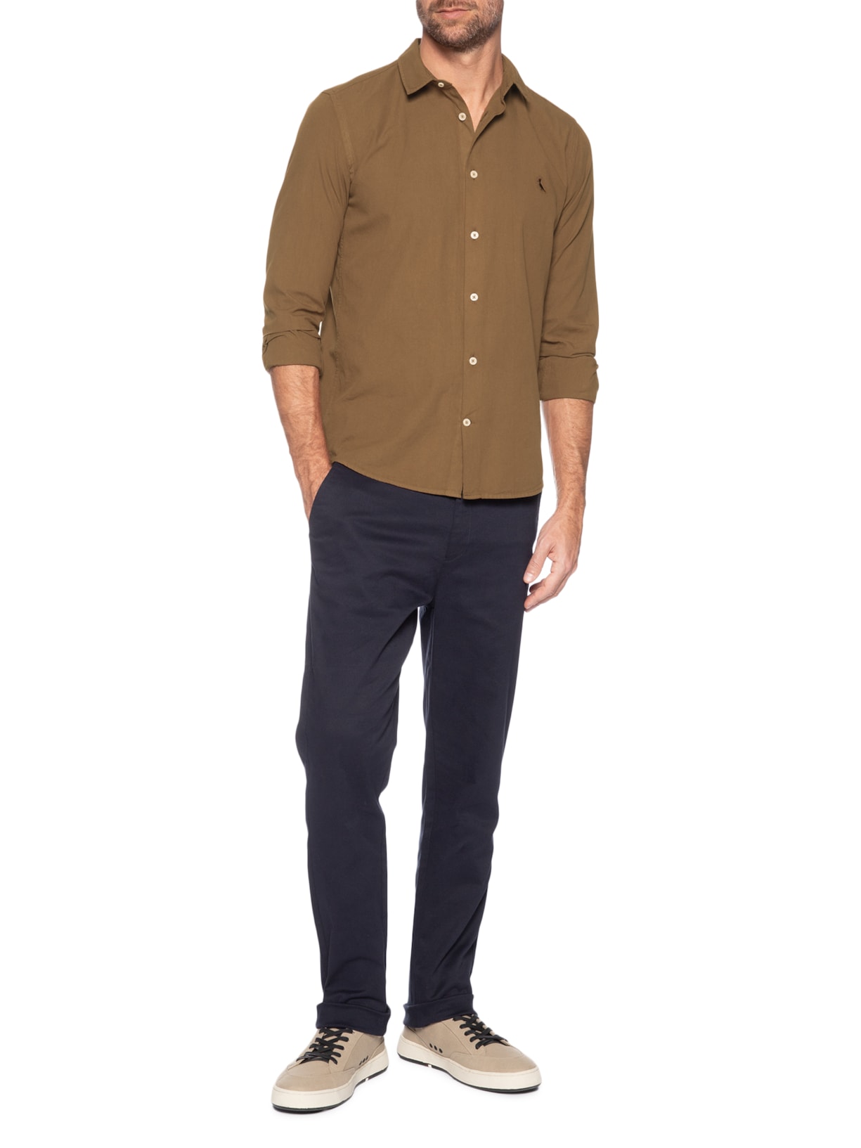 Camisa Masculina Casual Manga Longa Paraty Contraste Marrom Reserva