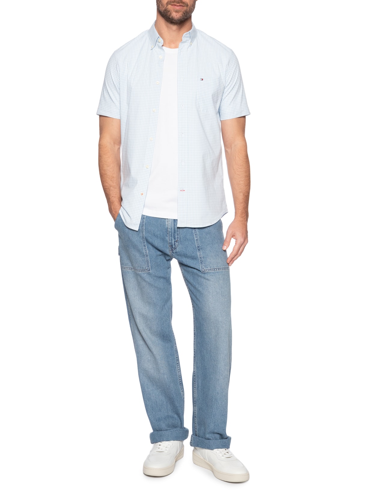 Camisa Masculina Casual Regular Fit Com Bolso Gigham Azul Tommy Hilfiger