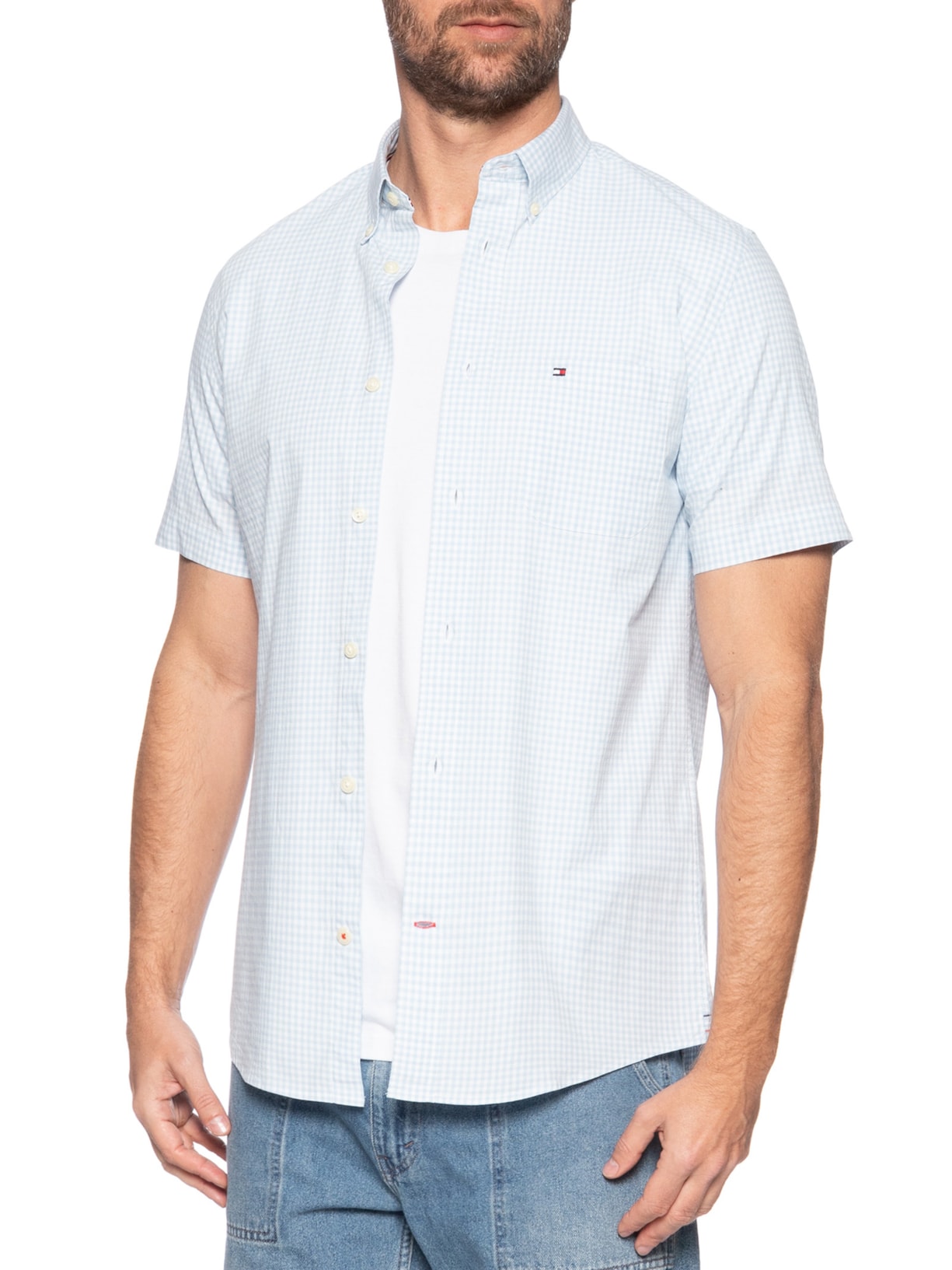 Camisa Masculina Casual Regular Fit Com Bolso Gigham Azul Tommy Hilfiger