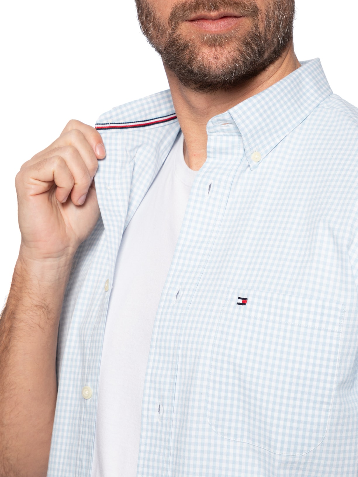 Camisa Masculina Casual Regular Fit Com Bolso Gigham Azul Tommy Hilfiger