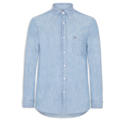 Camisa Masculina Casual Regular Fit Com Bolsos Em Chambray - Azul