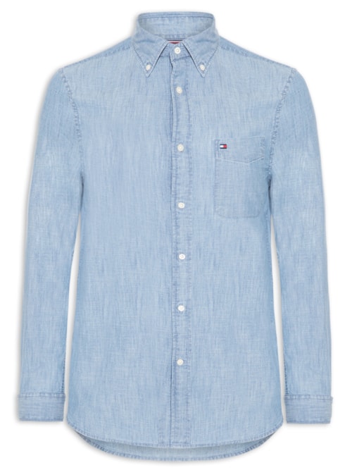 Camisa Masculina Casual Regular Fit Com Bolsos Em Chambray - Azul