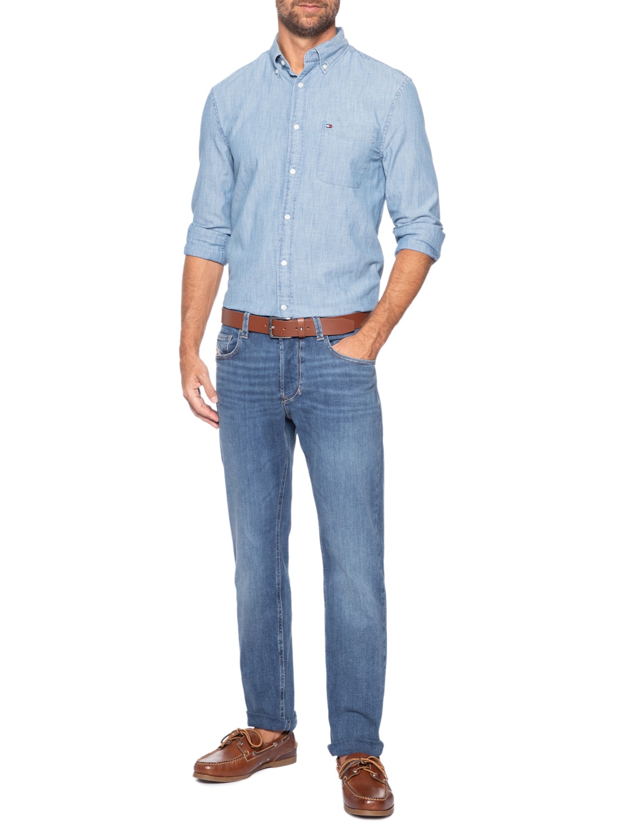 Camisa Masculina Casual Regular Fit Com Bolsos Em Chambray Azul Tommy Hilfiger