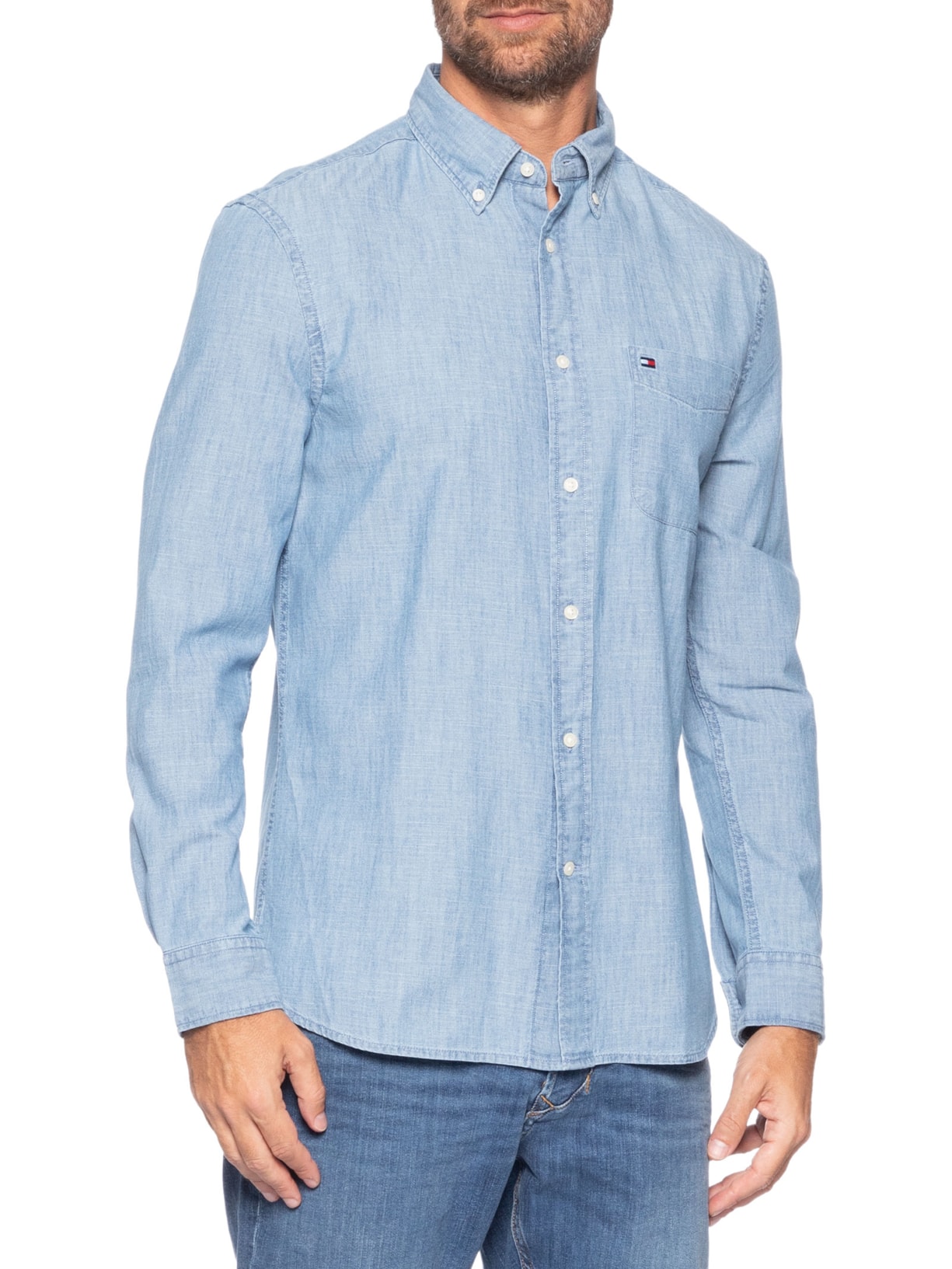 Camisa Masculina Casual Regular Fit Com Bolsos Em Chambray Azul Tommy Hilfiger