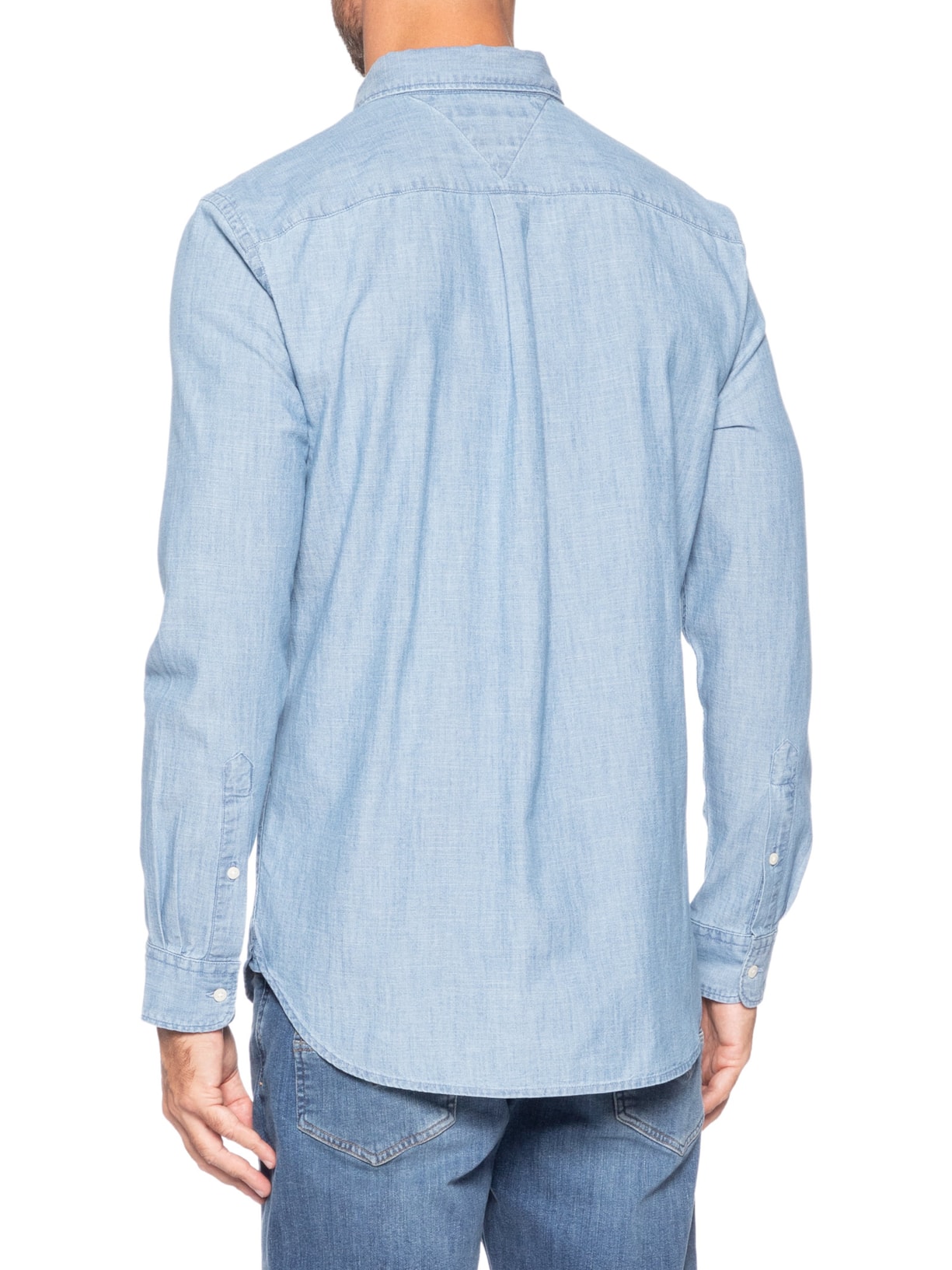 Camisa Masculina Casual Regular Fit Com Bolsos Em Chambray Azul Tommy Hilfiger