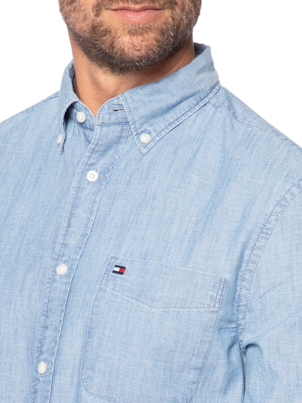 Camisa Masculina Casual Regular Fit Com Bolsos Em Chambray Azul Tommy Hilfiger