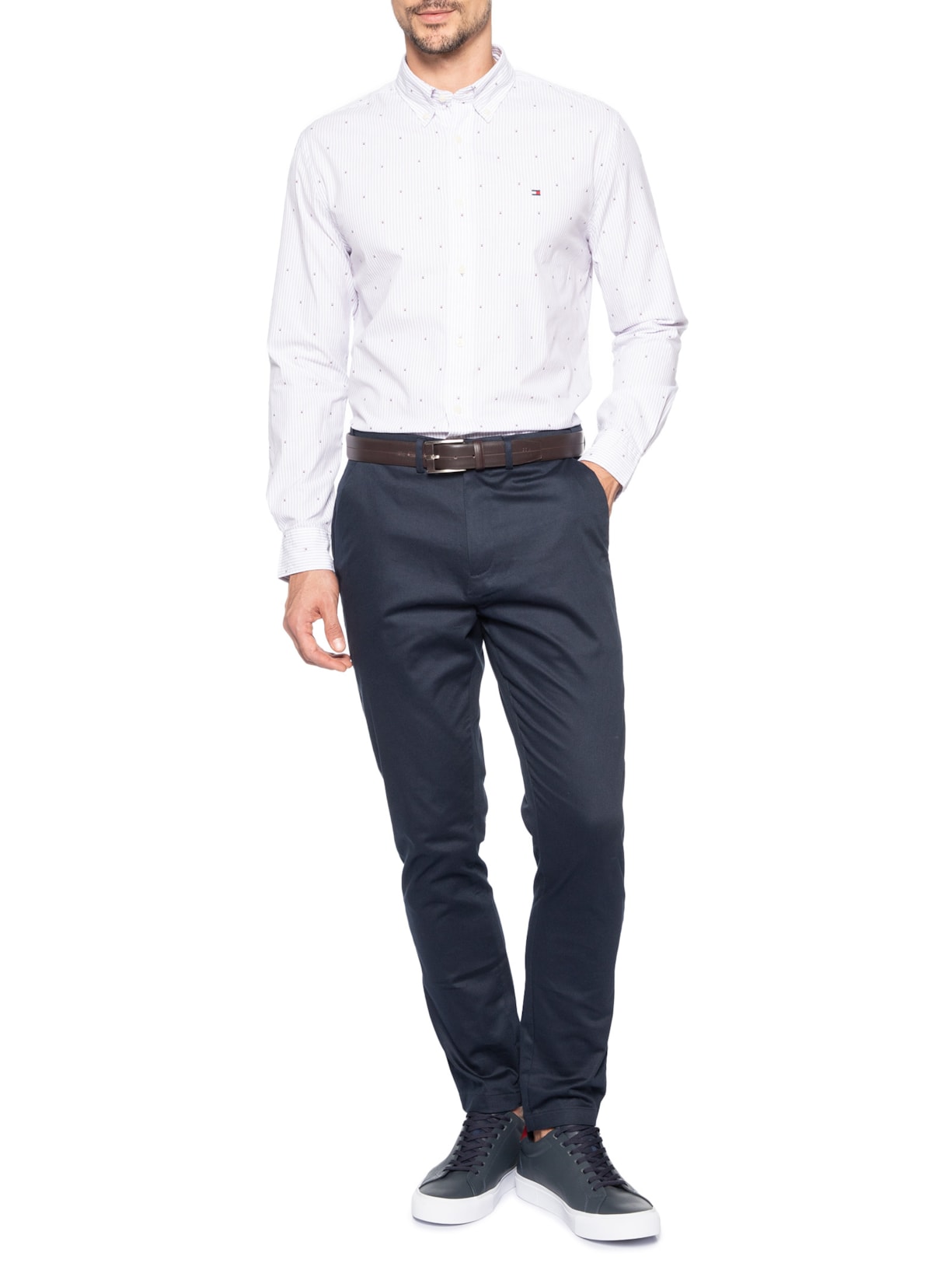 Camisa Masculina Casual Regular Fit Mini Flags Poplin Fil A Coupe Azul Tommy Hilfiger