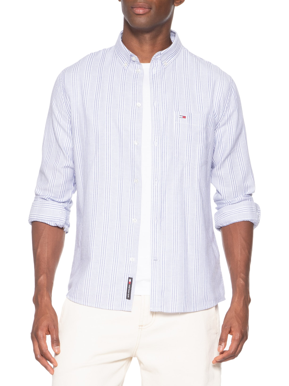 Camisa Masculina Casual Regular Fit Oxford Listrada Azul Tommy Jeans