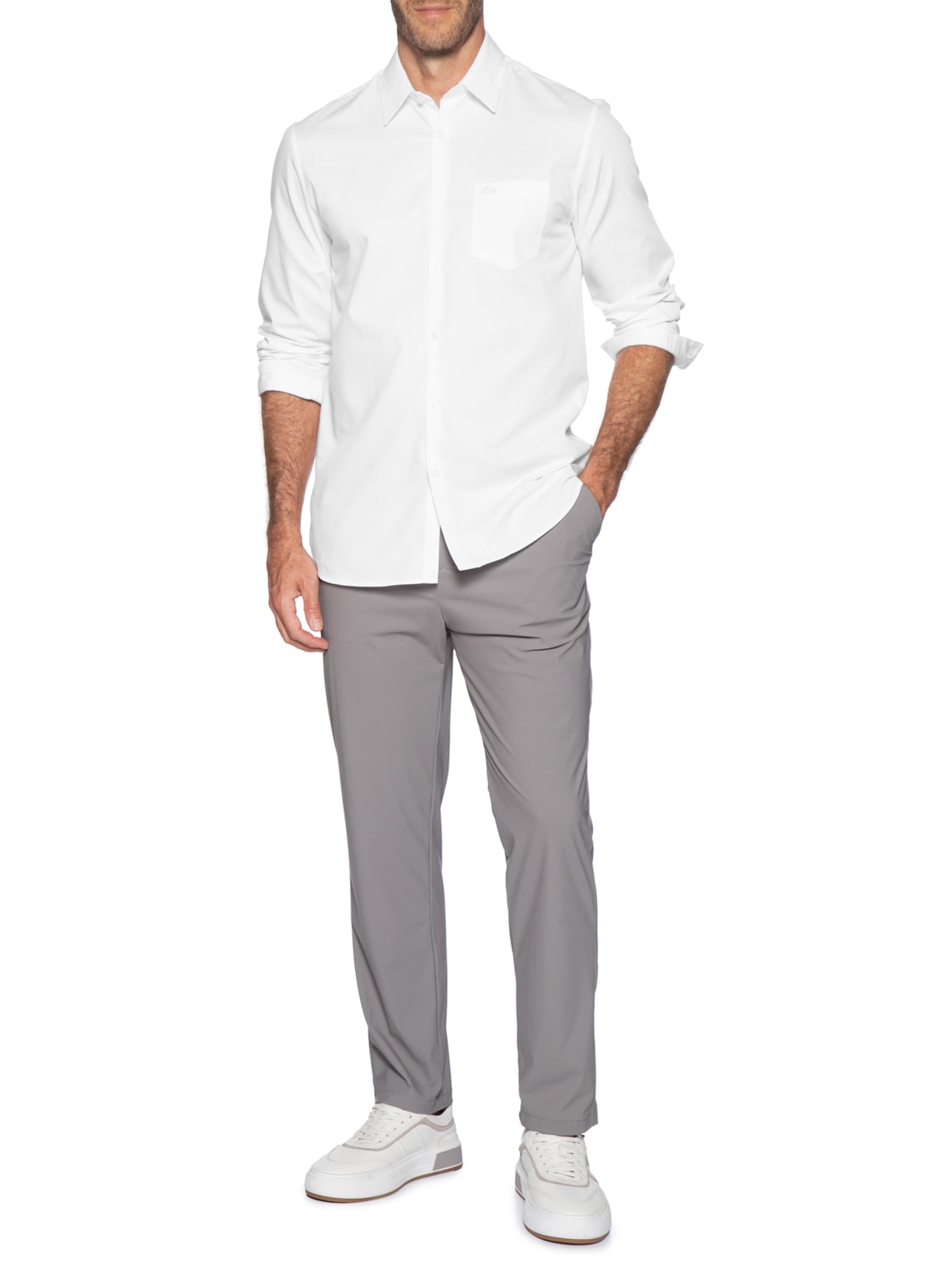 Camisa Masculina Casual Regular Fit Piquet Popeline Branco Lacoste