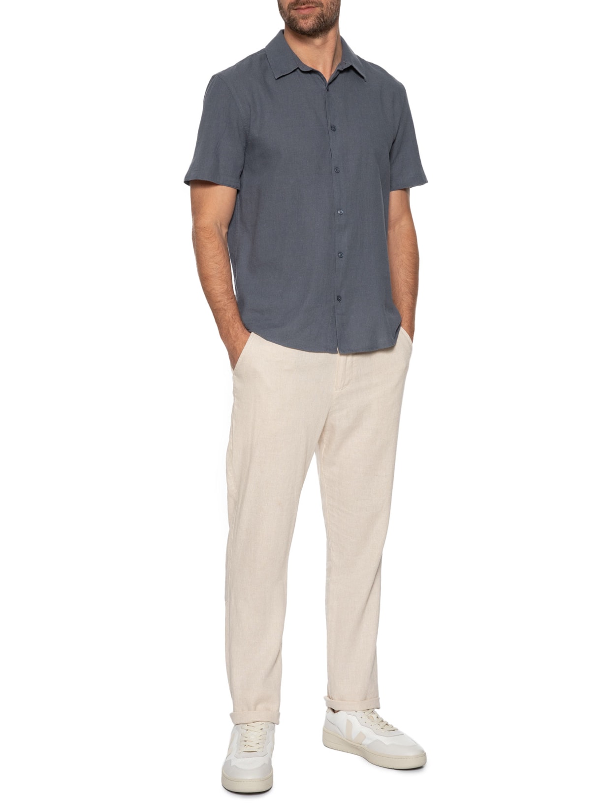 Camisa Masculina Casual Slim Fit Em Linho Cinza Hering