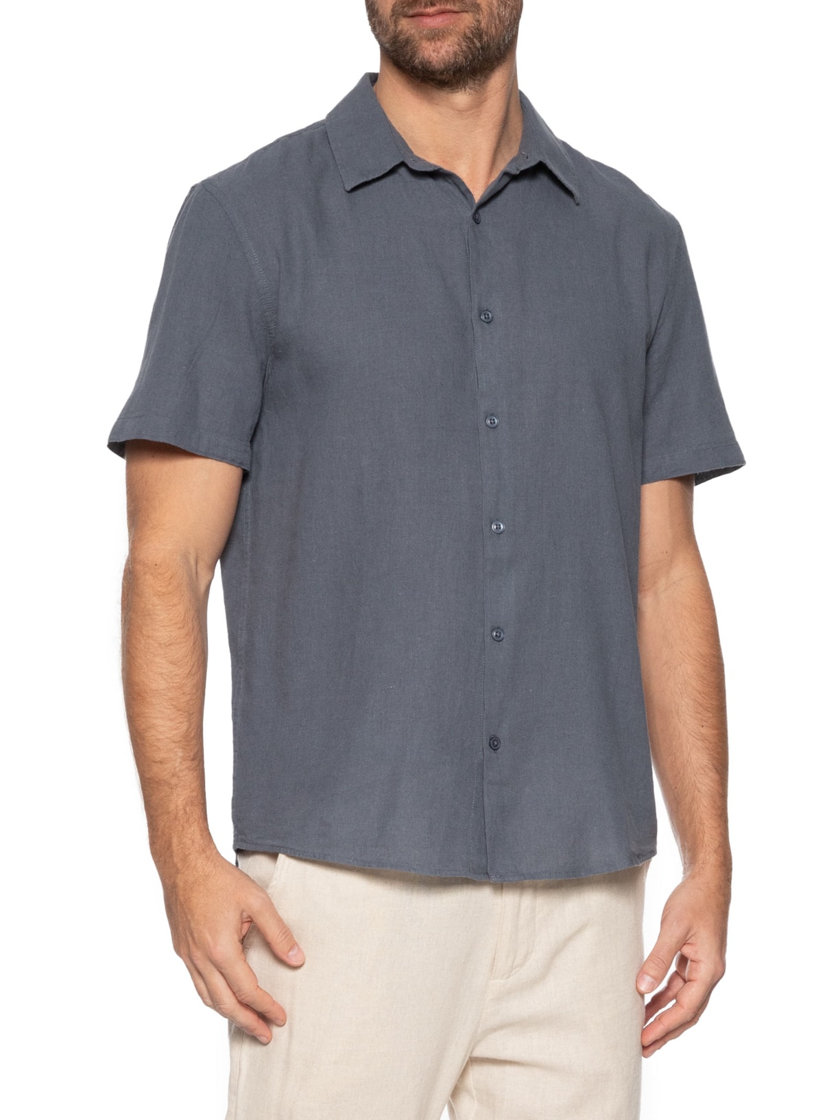 Camisa Masculina Casual Slim Fit Em Linho Cinza Hering