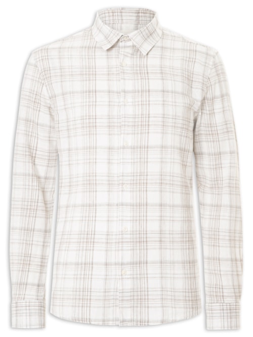 Camisa Masculina Casual Xadrez Fio Tinto Linho Com Algodão - Off White