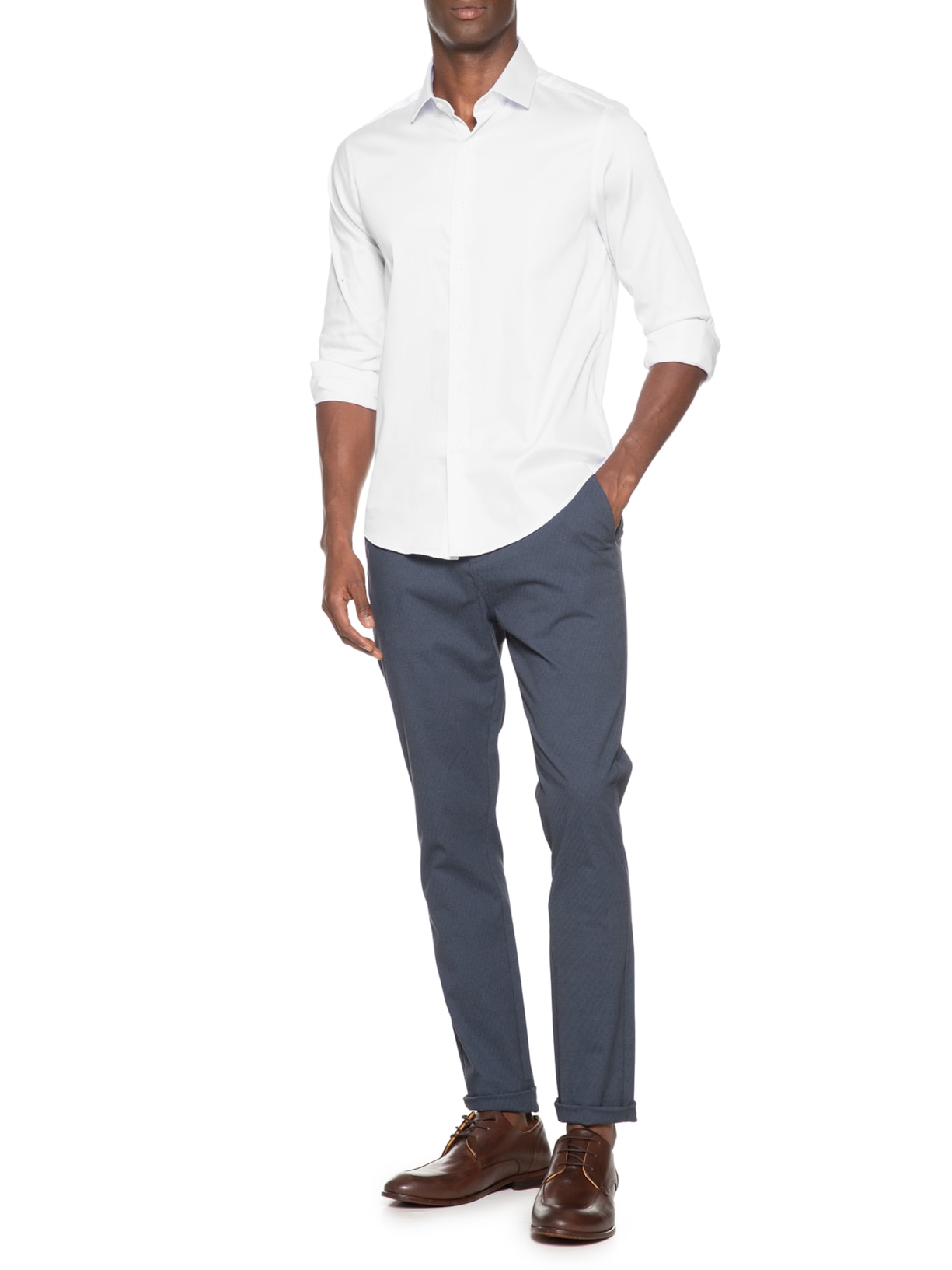 Camisa Masculina Cetim Elastano Manga Longa Branco Paramount Alfaiataria