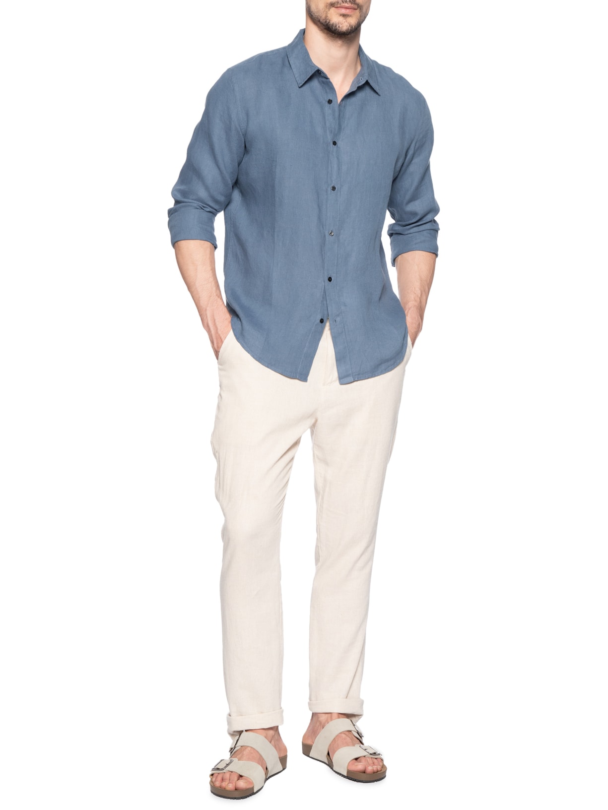 Camisa Masculina Classic Linen New Manga Longa Linho Azul Osklen