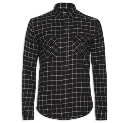 Camisa Masculina Com 2 Bolsos Flannel Quadros - Preto