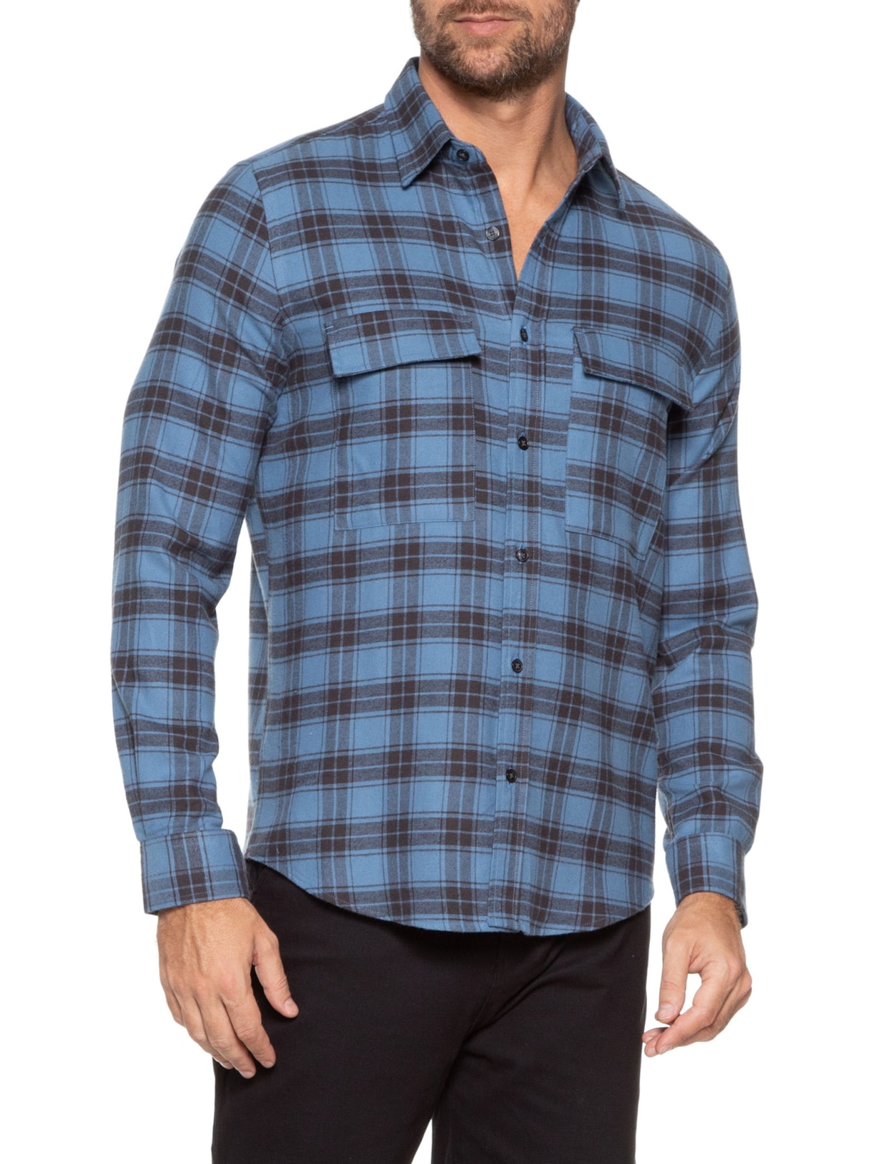 Camisa Masculina Com 2 Bolsos Flannel Xadrez Azul Sergio K