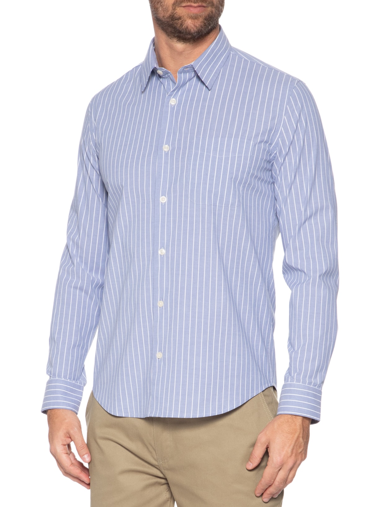 Camisa Masculina Com Bolso Listrada Regular Fit Azul Sergio K