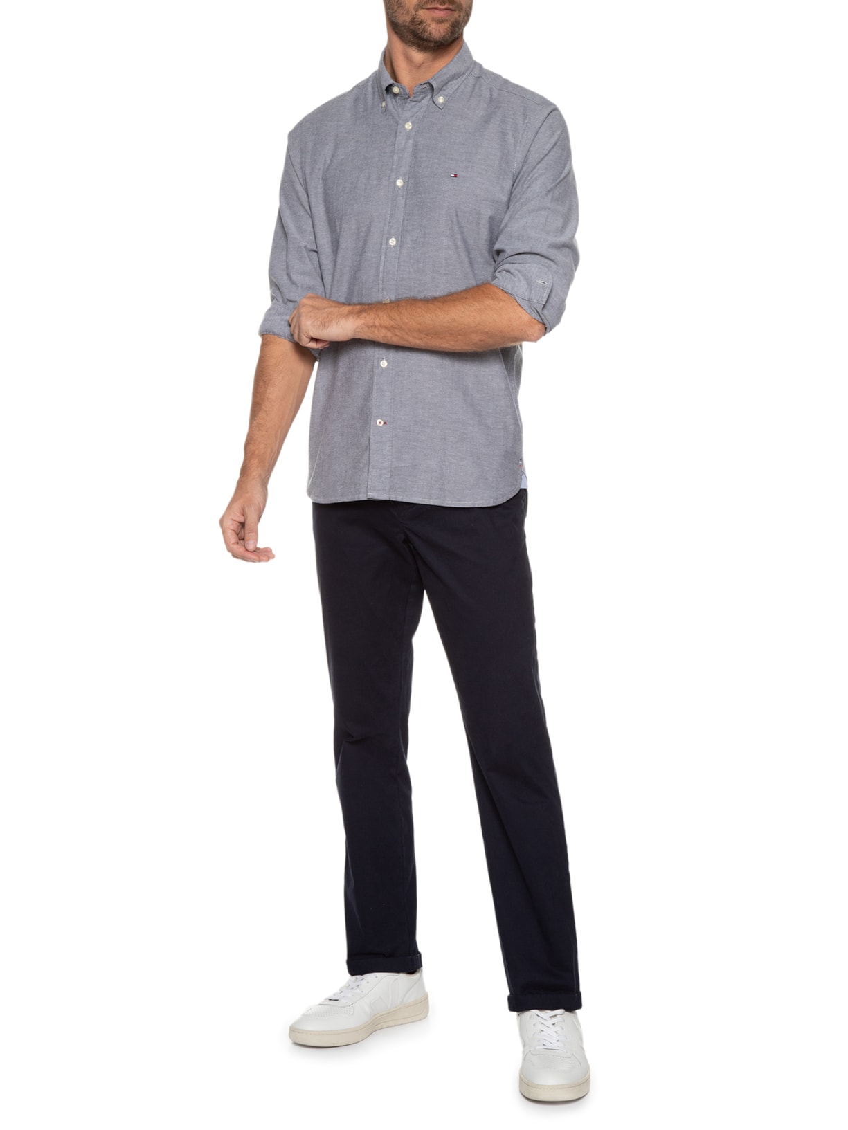 Camisa Masculina Core 1985 Flex Oxford Cinza Tommy Hilfiger