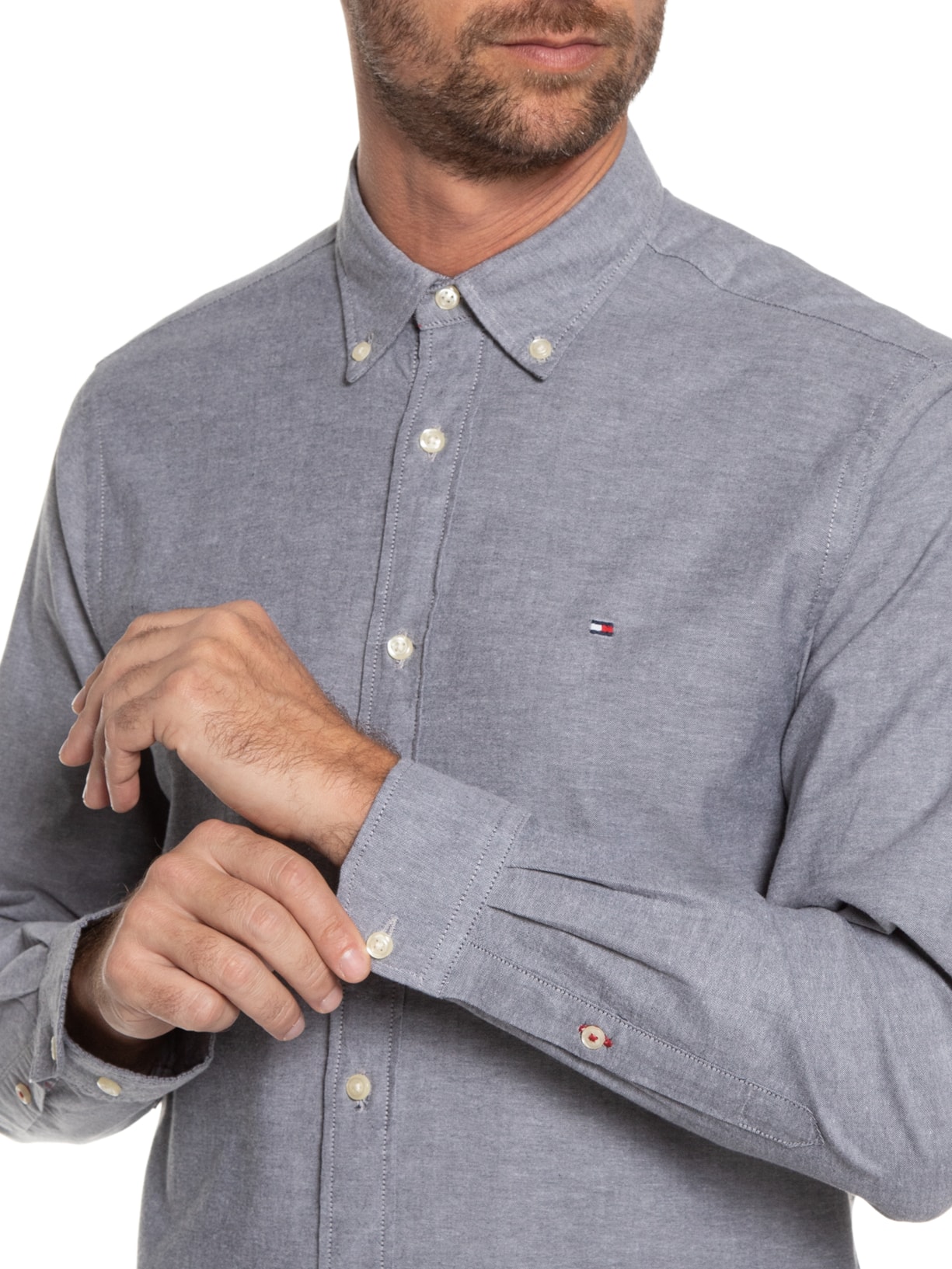 Camisa Masculina Core 1985 Flex Oxford Cinza Tommy Hilfiger