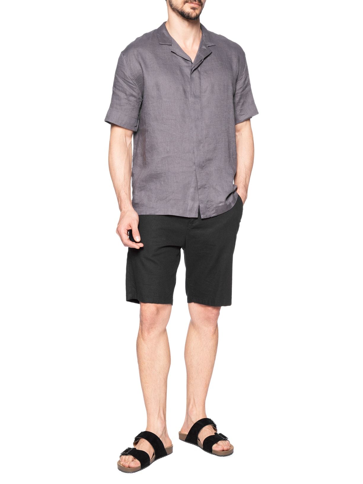 Camisa Masculina De Linho Box Manga Curta Cinza Ricardo Almeida