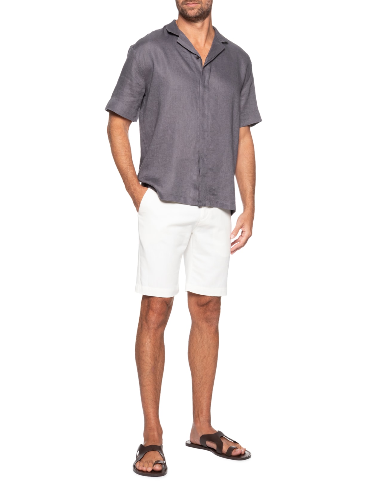 Camisa Masculina De Linho Box Manga Curta Cinza Ricardo Almeida