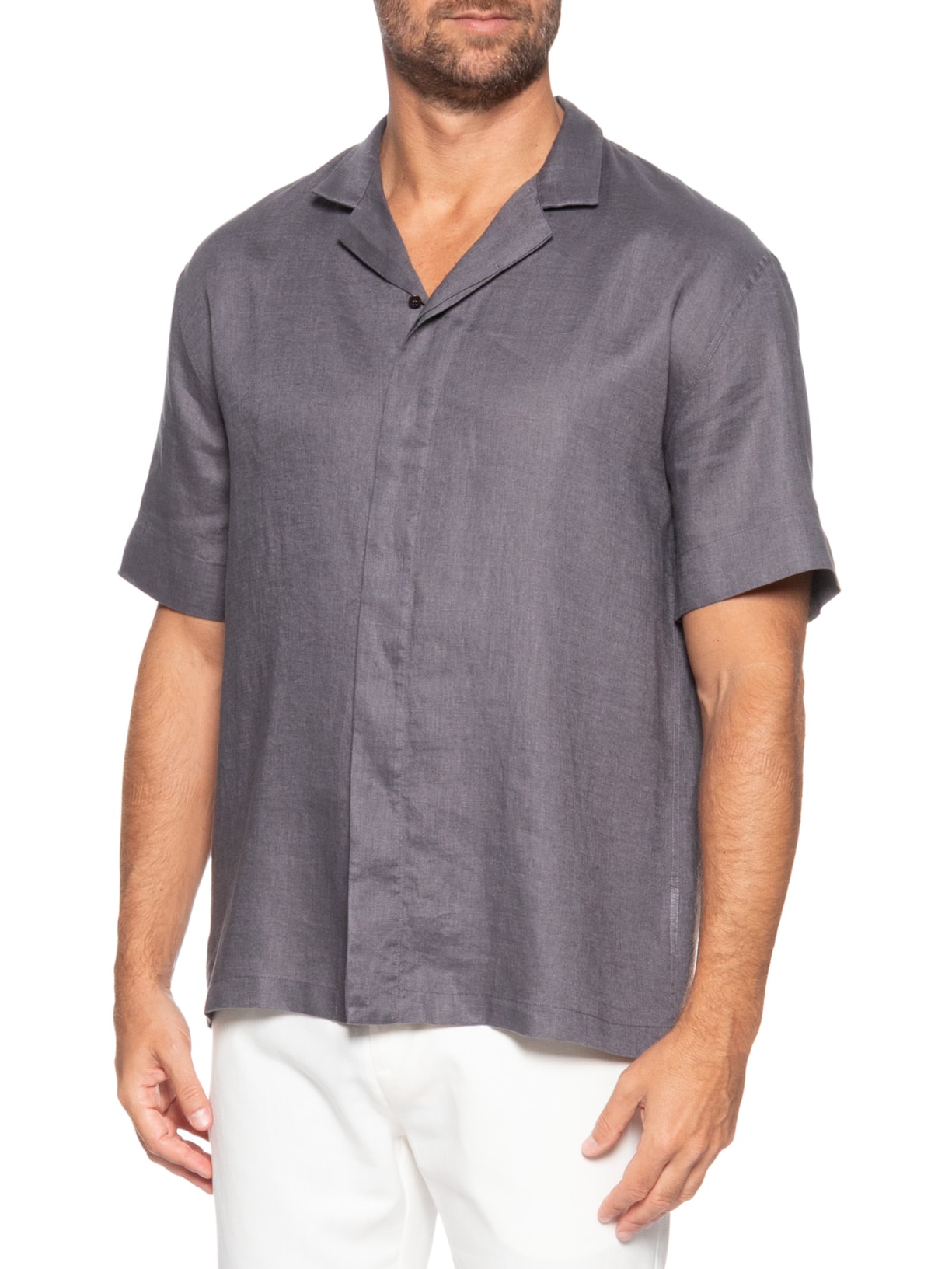 Camisa Masculina De Linho Box Manga Curta Cinza Ricardo Almeida