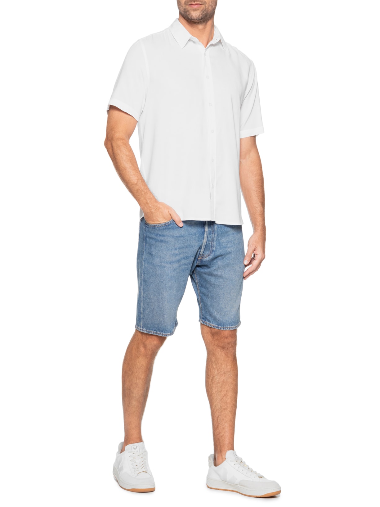 Camisa Masculina De Viscose Manga Curta Branco Basiq Men