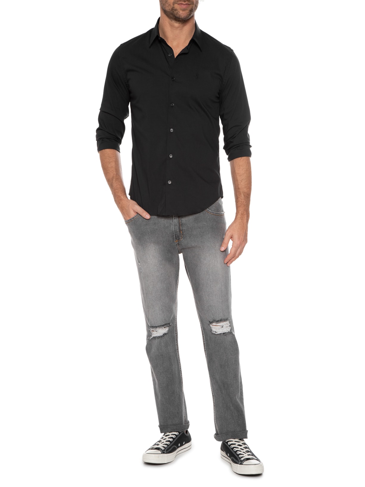 Camisa Masculina Elastano Lisa Preto Sergio K