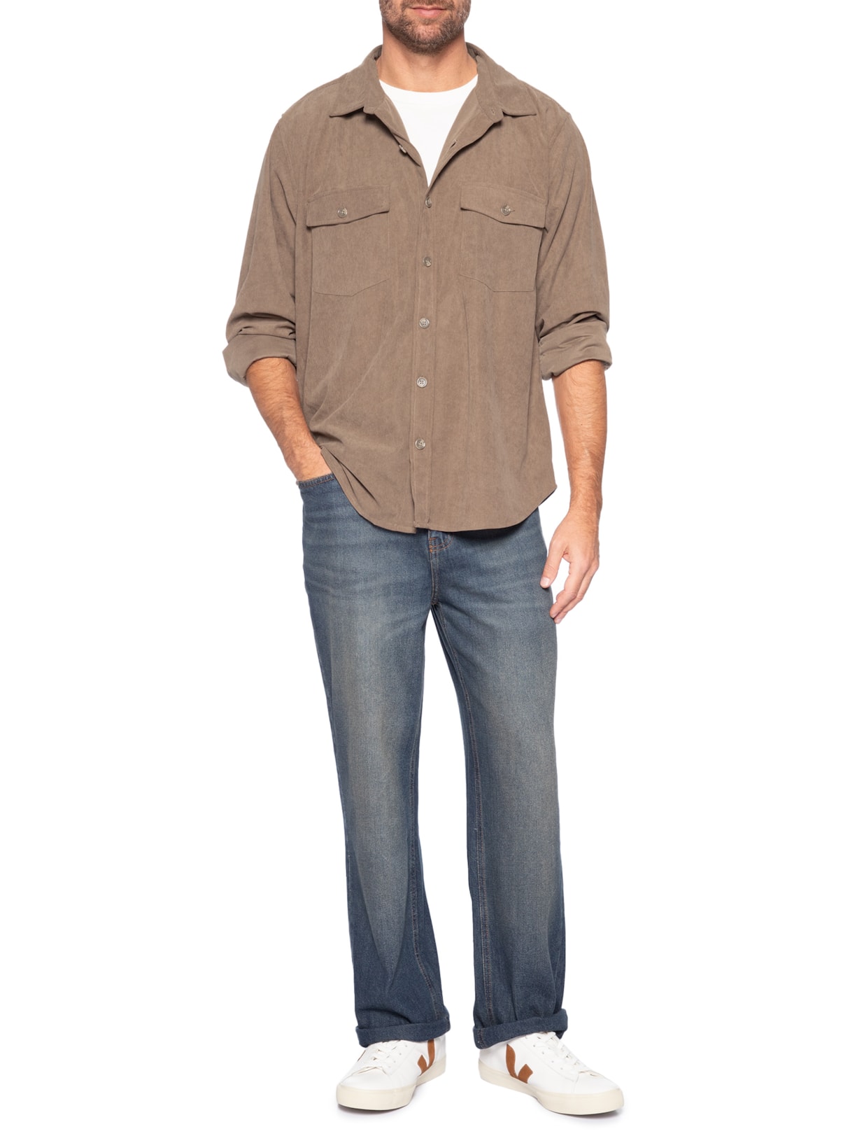 Camisa Masculina em Cotelê Marrom Basiq Men